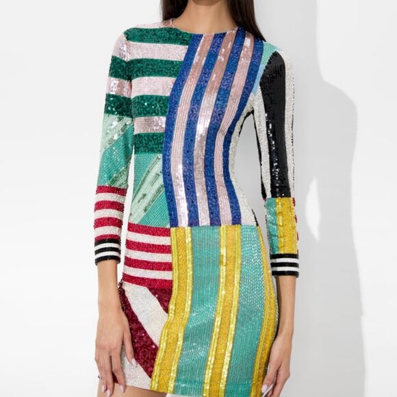 ALICE + OLIVIA Delora sequin and bead-embellished mini dress stripe Size 2 - Picture 4 of 15